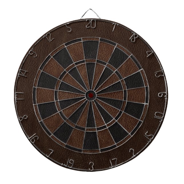 Brown and Black Leather Print Dartboard With Darts (Front)