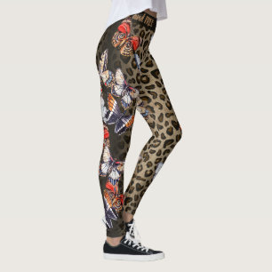 Brown and Black Leopard Colorful Butterflies Leggings