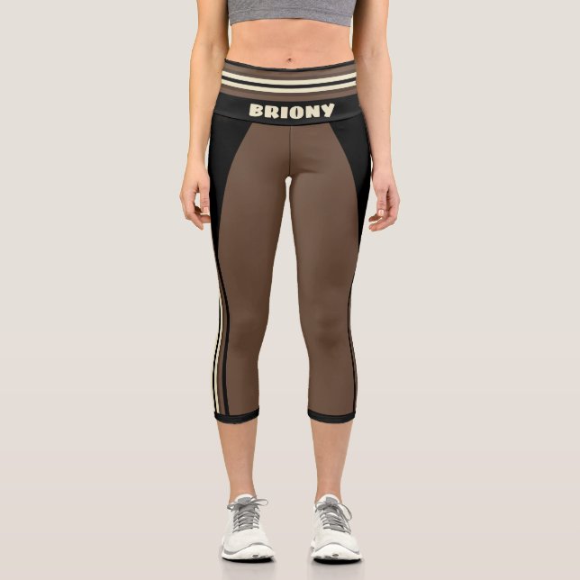 Brown and Black Racing Stripe Name Template Capri Leggings (Front)