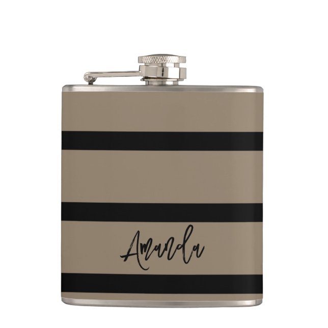 Brown and black stripes pattern personalized flask (Front)