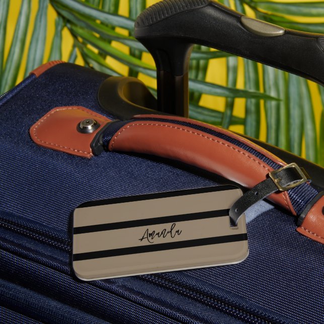 Brown and black stripes pattern personalized luggage tag (Front Insitu 3)