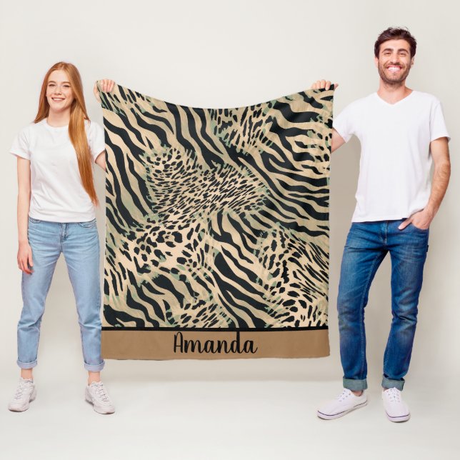 Brown and black tiger and zebra print fleece blanket (In Situ)