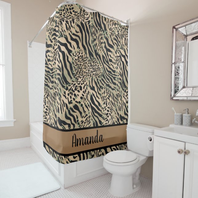 Brown and black tiger and zebra print shower curtain (In Situ)
