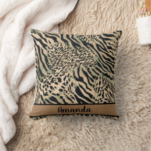 Brown and black tiger and zebra print throw pillow