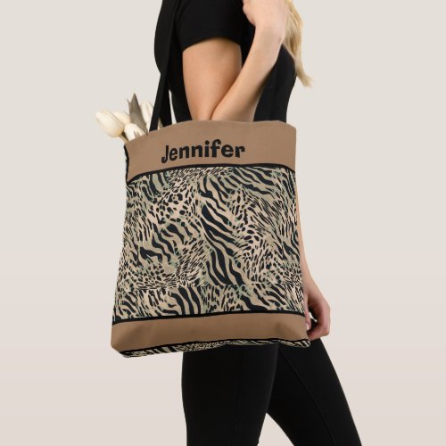 Brown and black tiger and zebra print tote bag