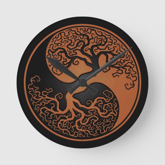 Brown and Black Tree of Life Yin Yang Round Clock (Front)