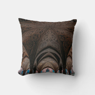 Brown and black wooden building interior throw pillow