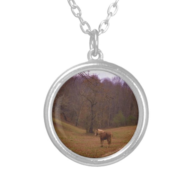 Brown and Blond Horse in a field Silver Plated Necklace (Front)