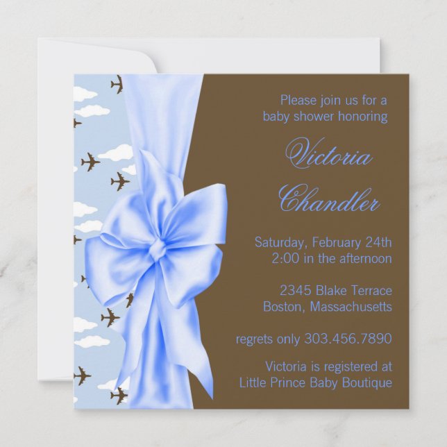 Brown and Blue Airplane Baby Boy Shower Invitation (Front)