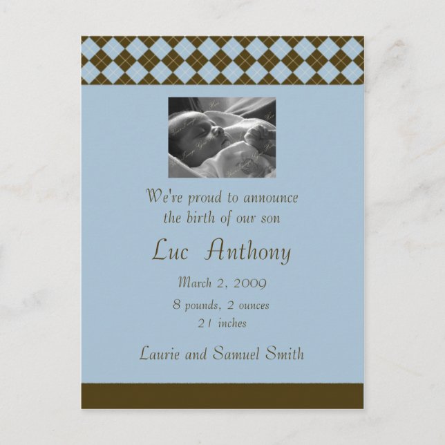 Brown and Blue Argyle Announcement (Customizable) Postcard (Front)