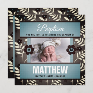 Brown and Blue Baptism Invite Floral Baby Photo