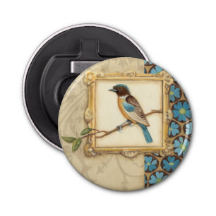 Brown and Blue Bird on a Branch Looking Up Bottle Opener