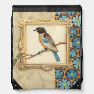 Brown and Blue Bird on a Branch Looking Up Drawstring Bag