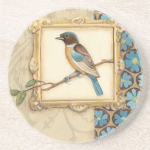 Brown and Blue Bird on a Branch Looking Up Drink Coaster