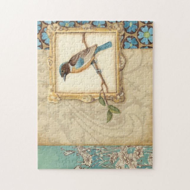 Brown and Blue Bird on a Branch Looking Up Jigsaw Puzzle (Vertical)