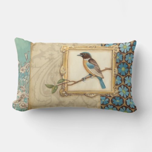 Brown and Blue Bird on a Branch Looking Up Lumbar Pillow