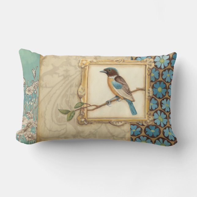 Brown and Blue Bird on a Branch Looking Up Lumbar Pillow (Front)