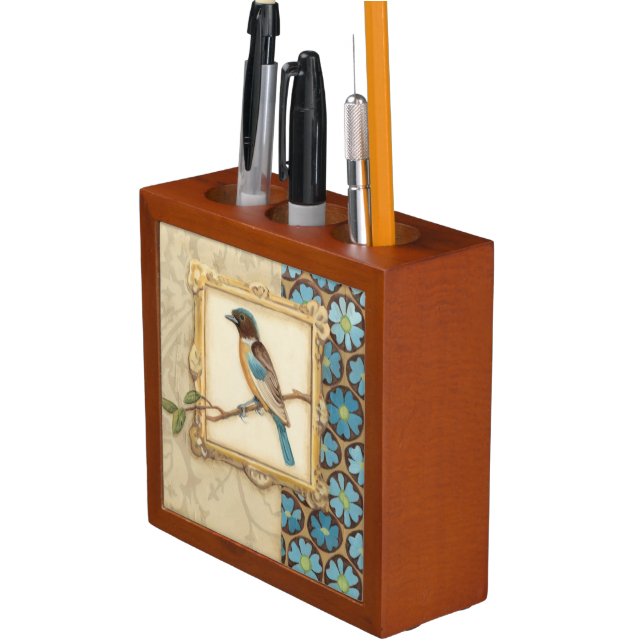 Brown and Blue Bird on a Branch Looking Up Pencil Holder (In Situ)
