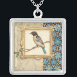 Brown and Blue Bird on a Branch Looking Up Silver Plated Necklace<br><div class="desc">Meagan Meagher is a talented abstract and designer. This painting contains many different neutral and vivid colors like teal-blue,  beige and light yellow. The frame around the bird adds a classy touch. Customize your favorite Zazzle product using this beautiful image.</div>