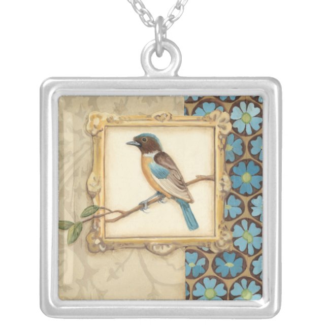 Brown and Blue Bird on a Branch Looking Up Silver Plated Necklace (Front)