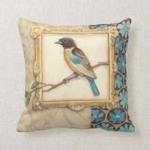 Brown and Blue Bird on a Branch Looking Up Throw Pillow