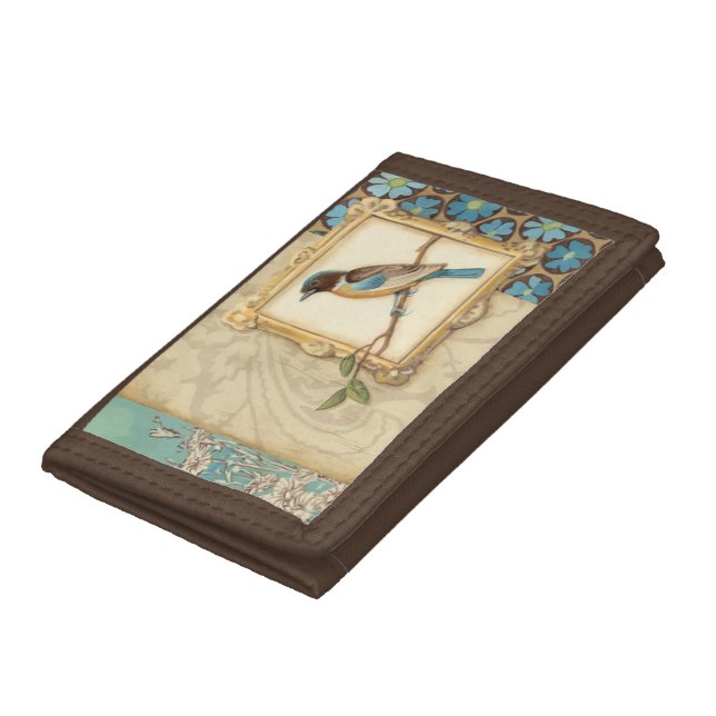 Brown and Blue Bird on a Branch Looking Up Tri-fold Wallet (Bottom)