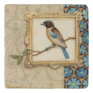 Brown and Blue Bird on a Branch Looking Up Trivet