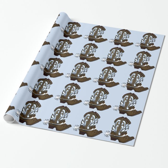 Brown and Blue Cowboy Boot Gift Wrap (Unrolled)