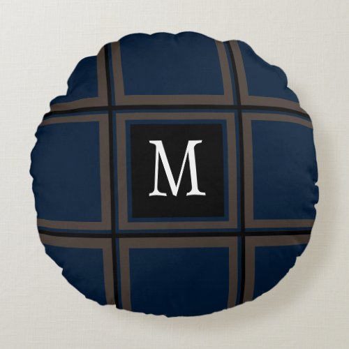 Brown and Blue Custom Single Initial Striped Round Pillow
