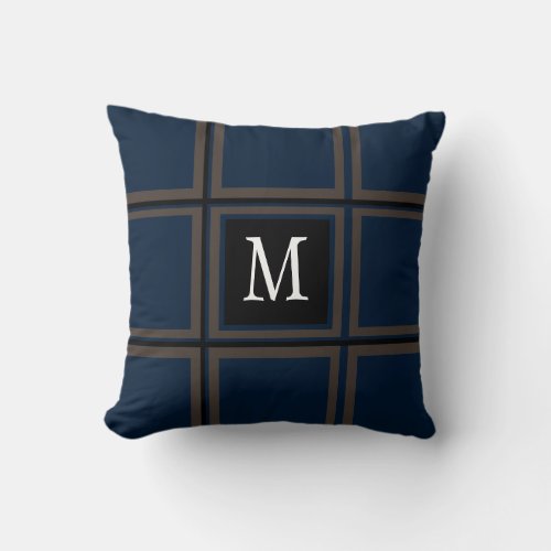  Brown and Blue Custom Single Initial Striped Throw Pillow