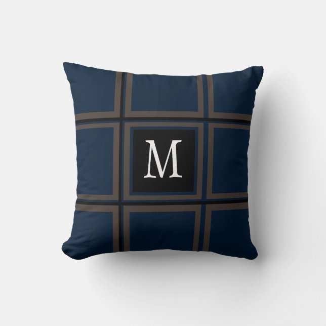  Brown and Blue Custom Single Initial Striped Throw Pillow (Front)
