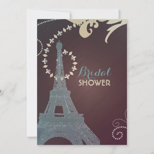 brown and blue eiffel tower paris bridal shower invitation