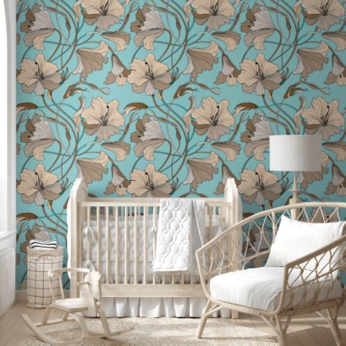 Brown and blue floral pattern wallpaper 