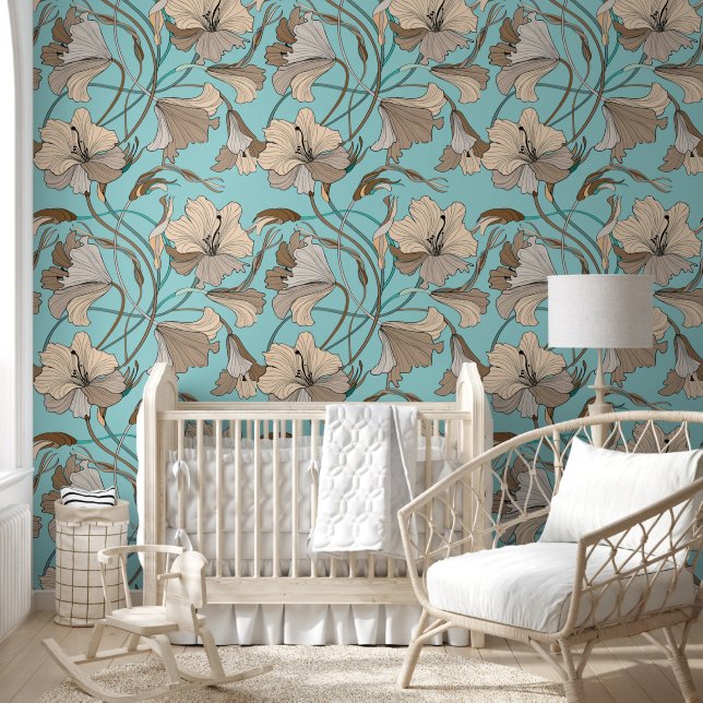Brown and blue floral pattern wallpaper  (Kids)
