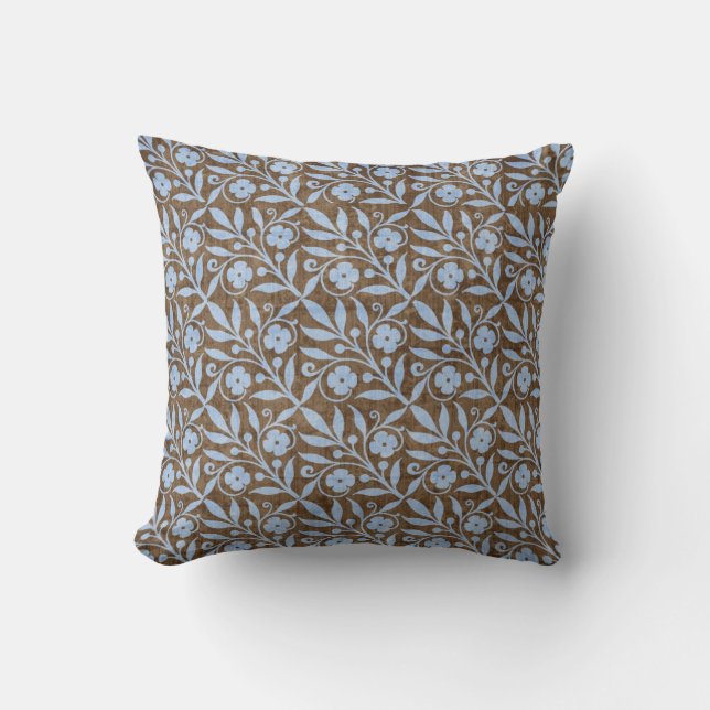 Brown and Blue Floral Throw Pillow (Front)