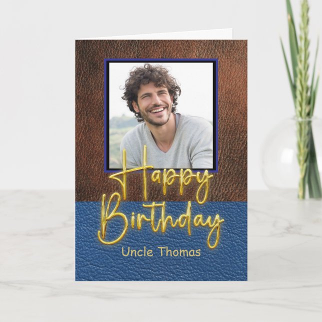 Brown and Blue leather Gold Script Uncle Birthday Card (Front)