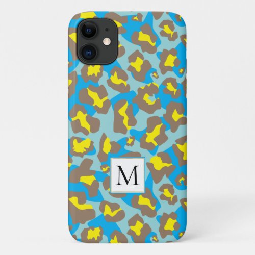 Brown and blue leopard animal print and monogram iPhone 11 case