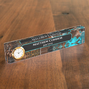 Brown and Blue Marble Classy Modern Personalized Desk Name Plate