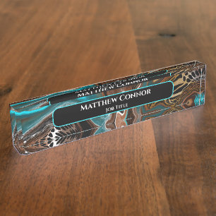 Brown and Blue Marble Classy Modern Personalized Desk Name Plate