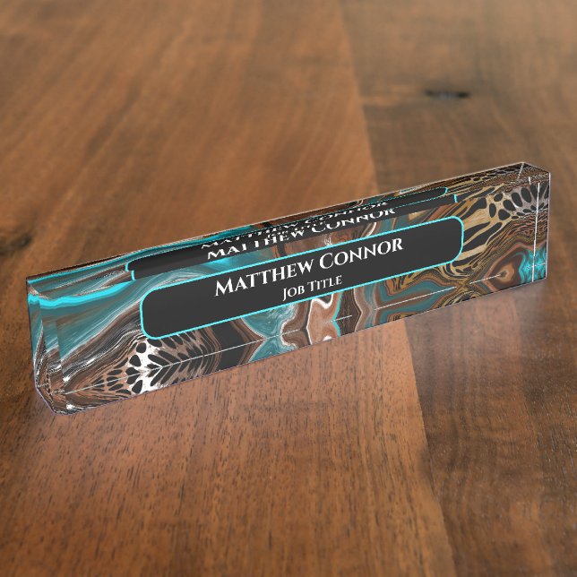 Brown and Blue Marble Classy Modern Personalized Desk Name Plate (Side)