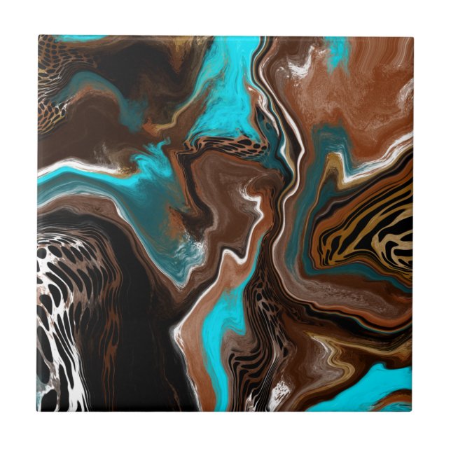 Brown and Blue Marble Swirl Fluid Art    Ceramic Tile (Front)
