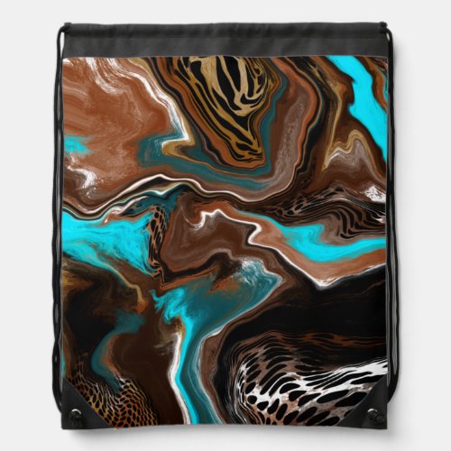 Brown and Blue Marble Swirl Fluid Art  Drawstring Bag