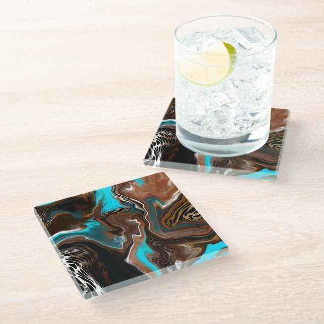 Brown and Blue Marble Swirl Fluid Art   Glass Coaster (Angled)