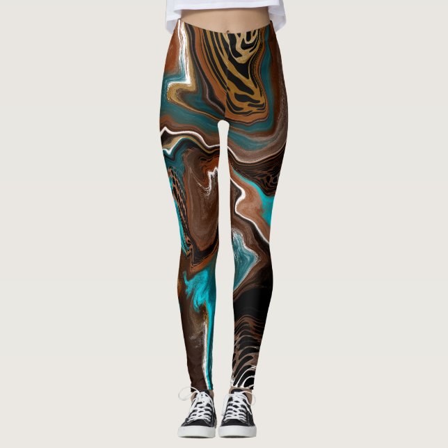 Brown and Blue Marble Swirl Fluid Art   Leggings (Front)
