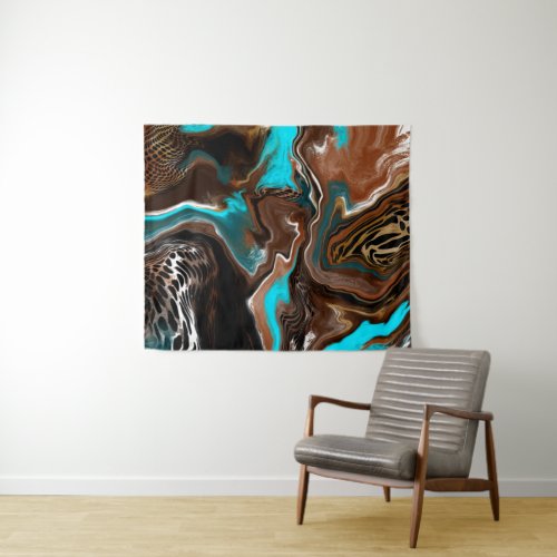 Brown and Blue Marble Swirl Fluid Art    Tapestry