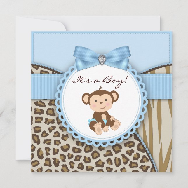 Brown and Blue Monkey Baby Boy Shower Invitation (Front)