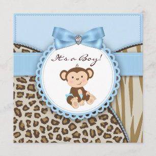 Brown and Blue Monkey Baby Boy Shower Invitation