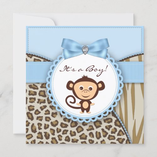 Brown Blue Monkey Baby Boy Shower Personalized Invitations