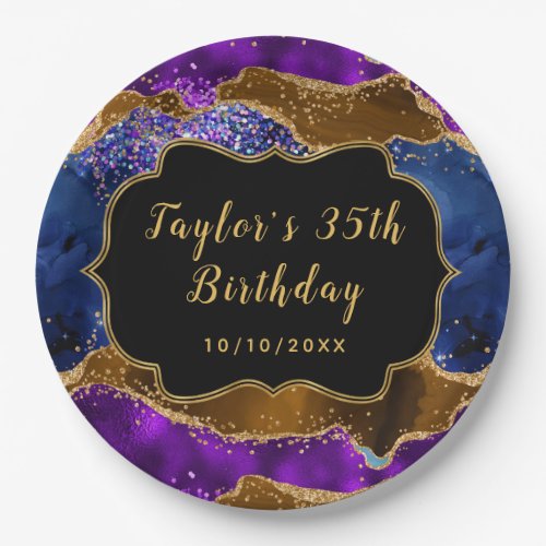 Brown and Blue Peacock Agate Birthday Paper Plates