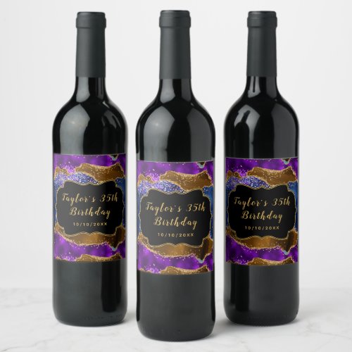 Brown and Blue Peacock Agate Birthday Wine Label